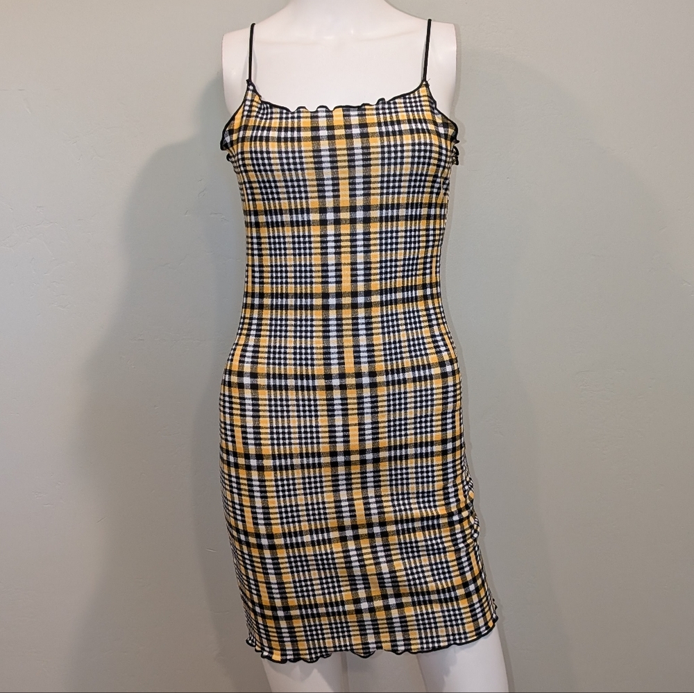 SHEIN Black And Yellow Plaid Strappy Bodycon Lettuce Edge Mini Dress Size Small